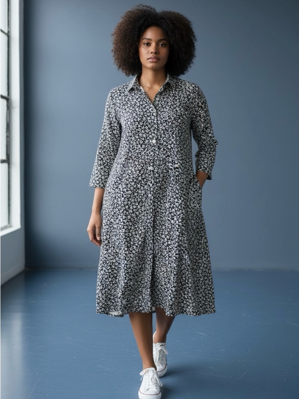 Land’s End floral 1/4 button down shirt dress. NWOT